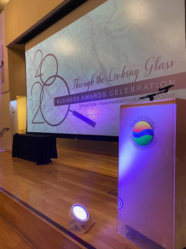 Frosted 1/4" acrylic mounted to the podium at the San Leandro Chamber of Commerce Business Awards.  The SL logo screen printed on the acrylic. 